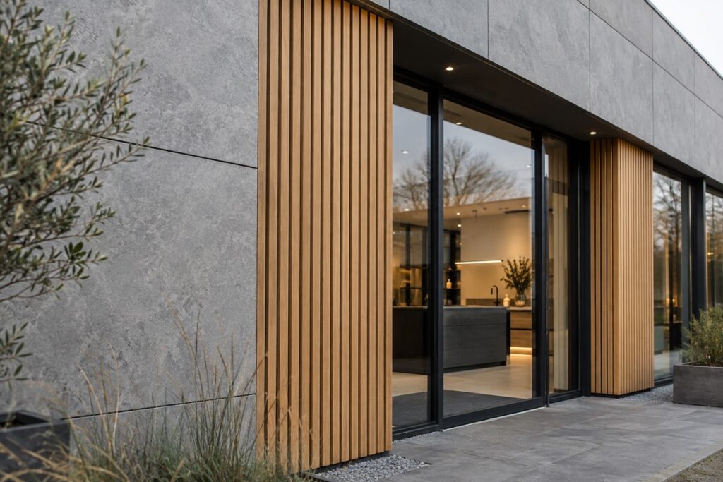 Detail van een moderne showroomgevel met hout, steen en glas