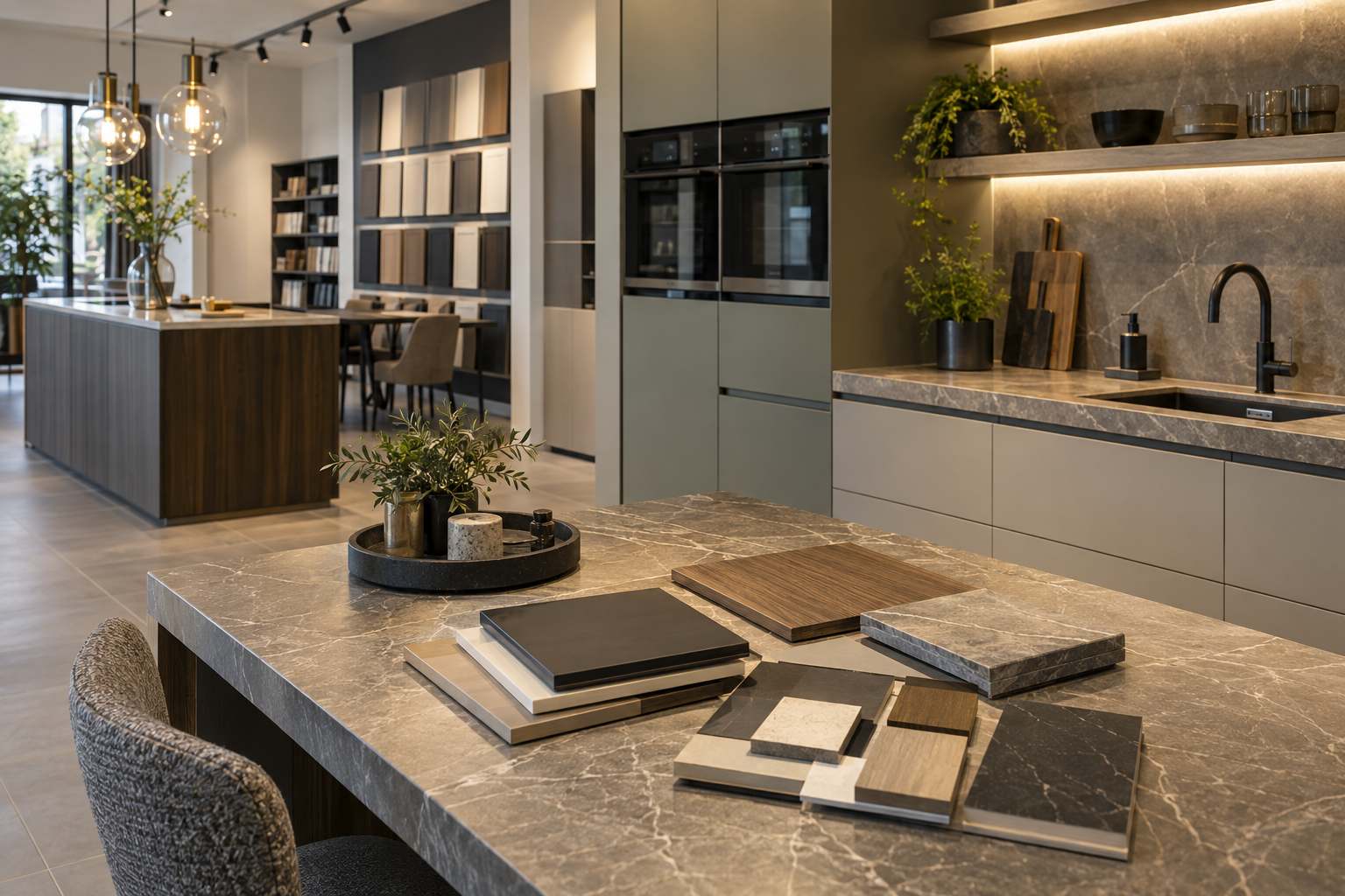 Materiaalstalen in een moderne keukenshowroom